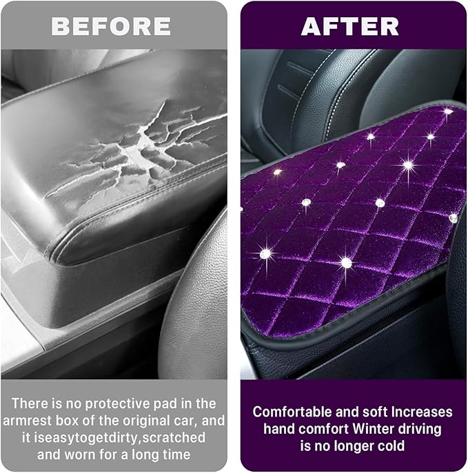 Bling Car Center Console Cover, Soft Fluffy Armrest Seat Box Cushion Pad, Crystal Diamond Arm Rest Protection Mat, Automotive Interior Decoration Accessories for Most Vehicles (Purple)