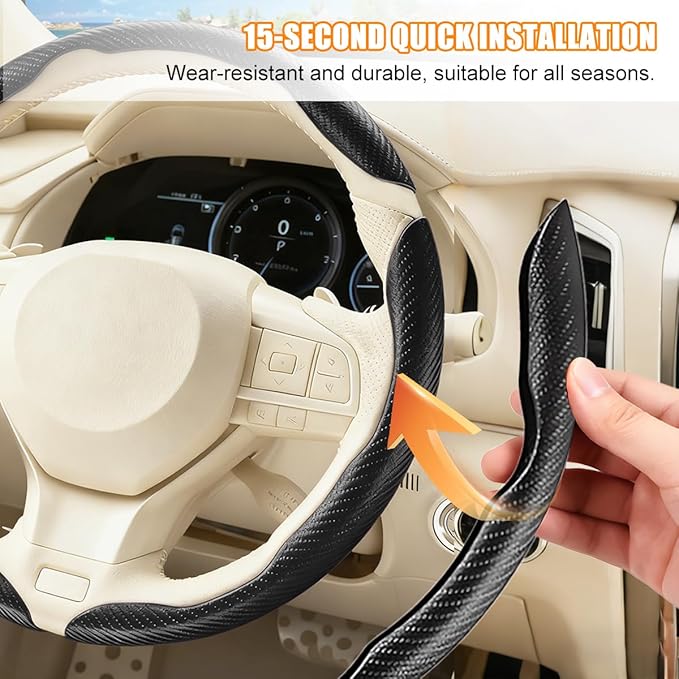 3PCS Carbon Fiber Car Steering Wheel Cover, Leather Segmented Anti-Skid Steering Wheel Protector, Snap on Automotive Interior Protection Accessories, Universal for Vehicles (Black)