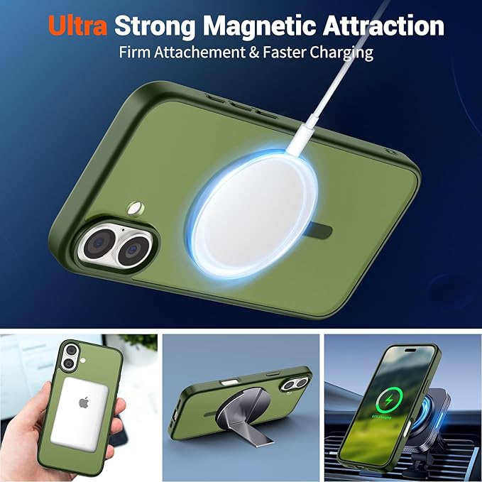 SUPFINE Magnetic for iPhone 16 Plus Case (Compatible with MagSafe) (Military Grade Drop Protection) Slim Translucent Matte Shockproof with Anti-Fingerprint Phone Case,Cangling Green