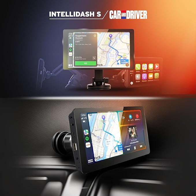 Car and Driver INTELLIDASH 7" HD Touchscreen – Portable Apple CarPlay Wireless Android Auto Screen for Car, Bluetooth Stereo, Backup Camera Support, Mirror Link, GPS Navigation, Siri, Google, SiriusXM