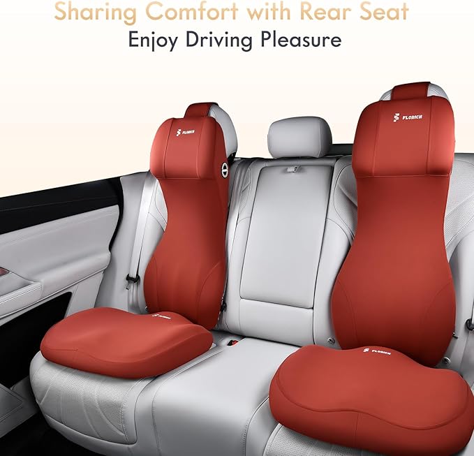 FLORICH Memory Foam Car Seat Cushion with Lumbar Support Headrest Pillow 2-in-1 Ergonomic Back Support and Neck Pillow Car Cushion for Driving Seat Back Rest Pillow Pressure Sciatica Pain Relief, Red
