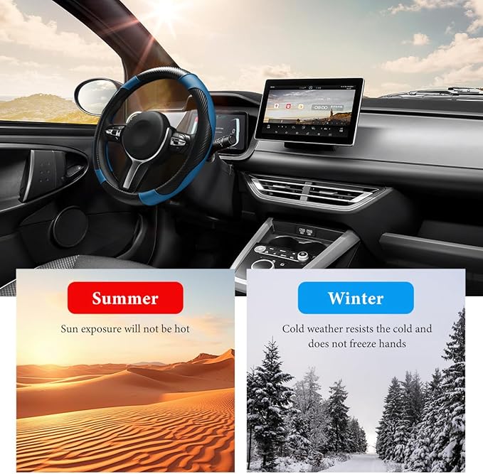 Car Steering Wheel Cover, 15 Inch Anti-Slip Stretch Leather Steering Wheel Protector, Comfortable Breathable Sporty Steering Wheel Cover for Women Men, Car Accessories (Black & Blue)