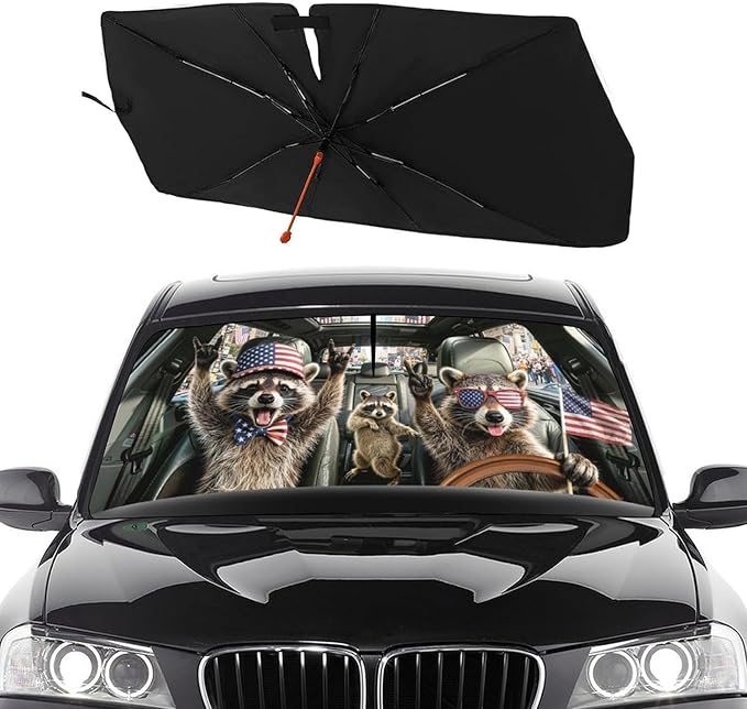 Socira Funny Rocking Raccoon Car Windshield Sun Shade Umbrella Foldable Rock Racoons Sunshade for Front Window Auto Windshield Sunshade Covers Car Accessories Gifts for Men Protect from Sun Rays Heat