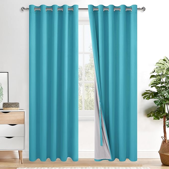 XWZO 100% Blackout Curtains 84 Inches Long with Tiebacks- Privacy Protection & Noise Blocking Window Draperies Grommet Top with Black Liner for Bedroom/Living Room, Turquoise, W60 x L84, Set of 2