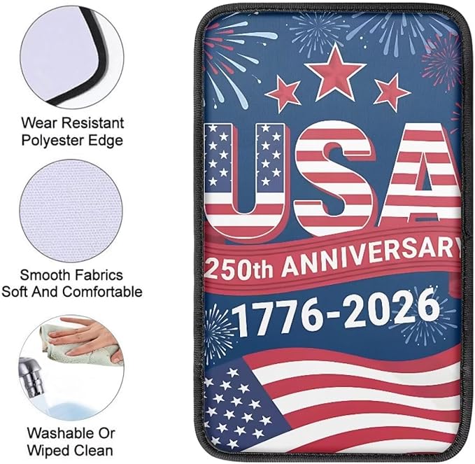 Dreaweet USA 250th Anniversary Center Console Cover 1776-2026 Flag Car Accessories Armrest Box Storage Mat Soft Comfort Arm Rest Cover for Car Truck SUV