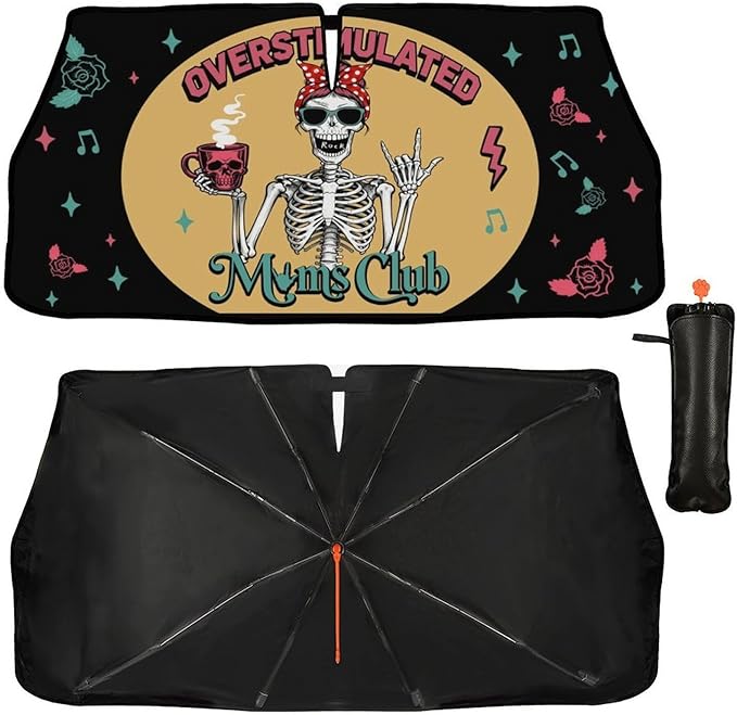 Socira Moms Funny Club Skull Car Windshield Sunshade for Mother Umbrella Foldable Visor Umbrella Cool Sun Shade Cover Sunshade Front Window Cover Car Accessories Mother's Birthday Gifts (57" X 30")