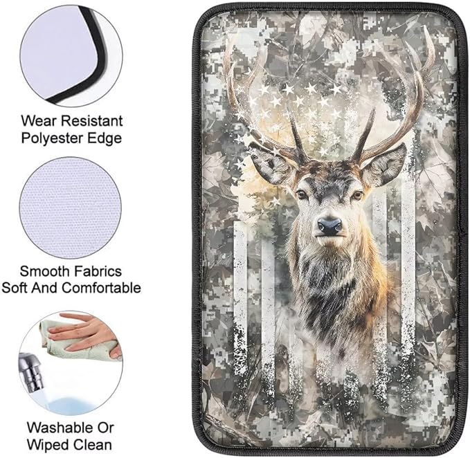 Deer Camo Hunting Print Armrest Cover Pad for Car American Flag Print Car Center Console Armrest Cushion Pad Universal Fit for Most Cars
