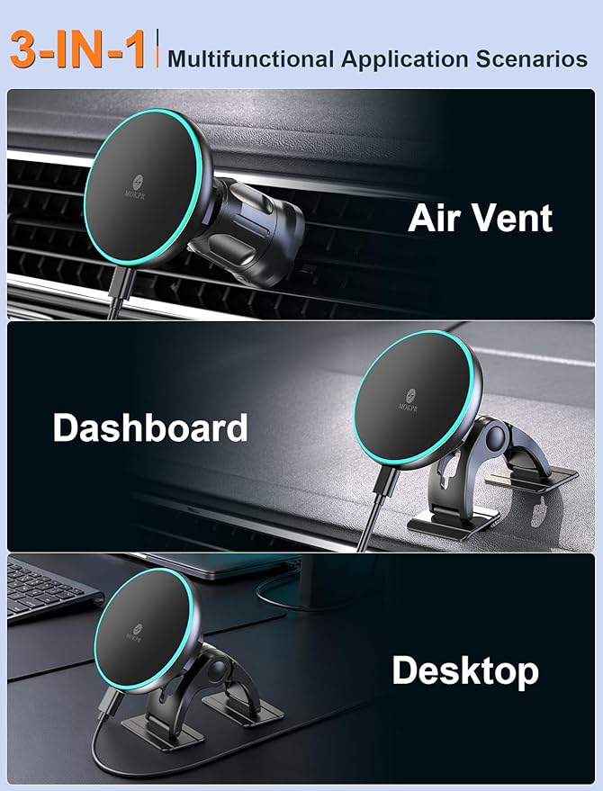 MOKPR for iPhone Magsafe Car Mount Charger, Wireless Car Charger Magnetic Car Phone Holder for Dash Air Vent-LED HandsFree Car Mount Fast Car Charger for iPhone 17/16/15/14/13/12