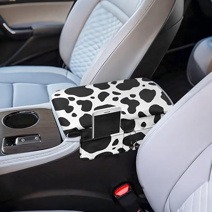 Dreaweet Cow Print Arm Rest Cover for Car Women Thick Center Console Cover with Pockets Cute Car Accessories Armrest Cover for SUV Truck Comfy Anti Scratch Center Console Armrest Pad
