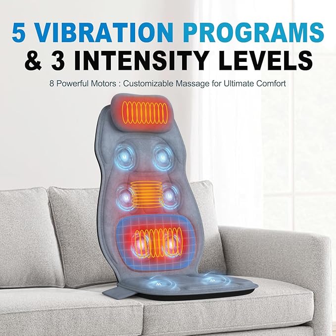 Back Massager with Heat, Full Body Massage Pad with Pillow Neck Support, Soft Plush Fabric Cover, Chair Massager with 3D Lumbar Truction and 8 Vibration Motors, Home Office Use