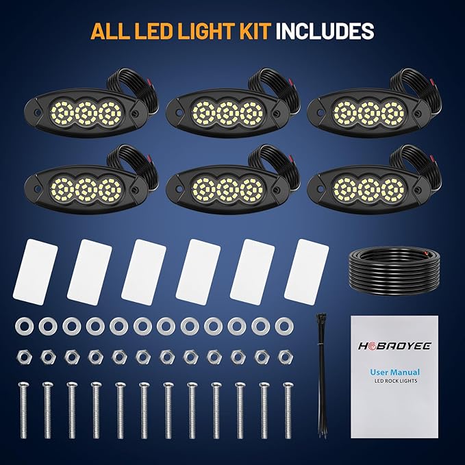 6 Pods White Rock Lights, 36 LEDs 6500K Ultra Bright IP68 Waterproof Underbody Lights for Car Truck Pickup Boat RV RZR ATV with 16.4ft Extension Wire