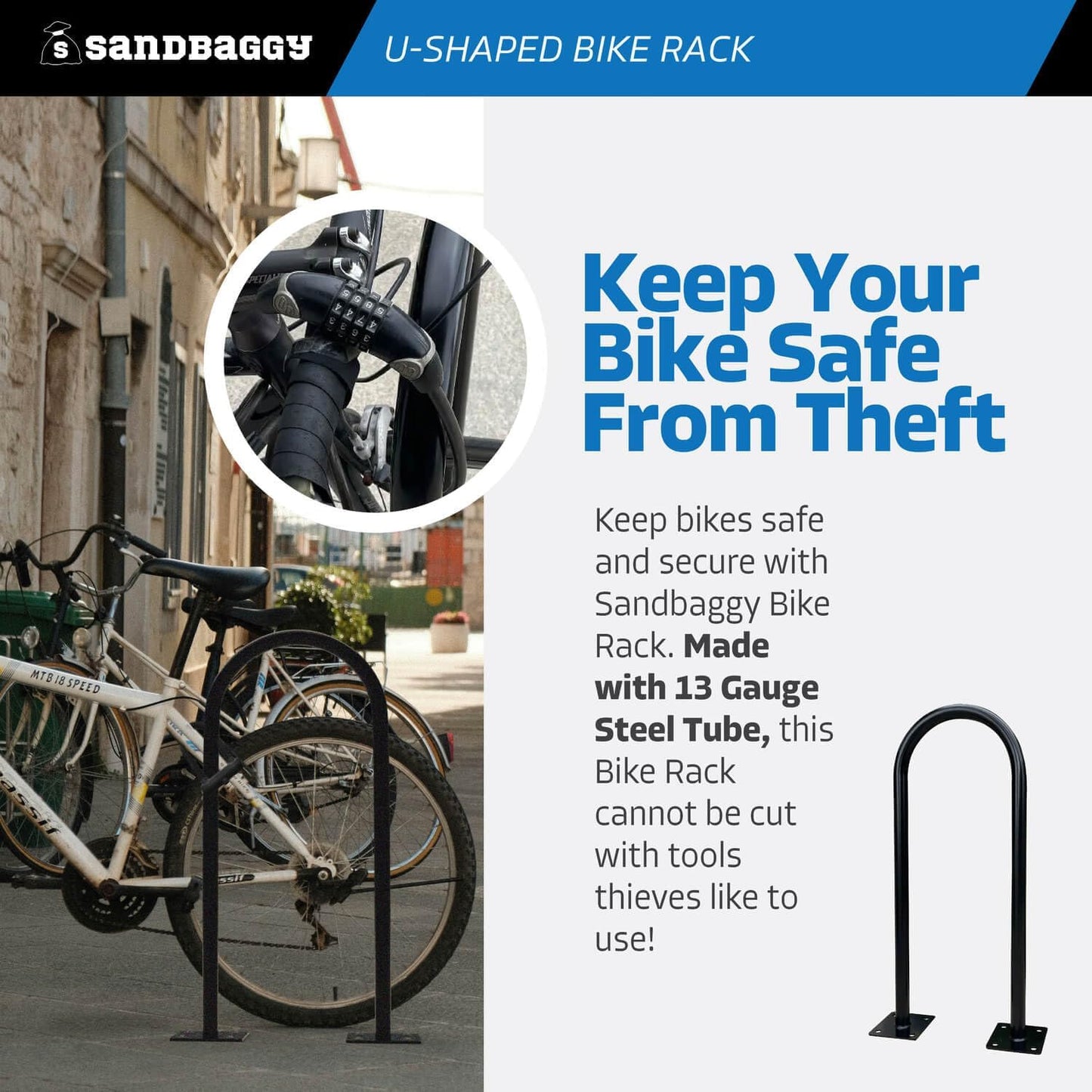 Sandbaggy In Ground Bike Rack | U Shaped, Commercial, Outdoor, 1 Loop, Galvanized Steel | Black, 14.5" x 34" (10)