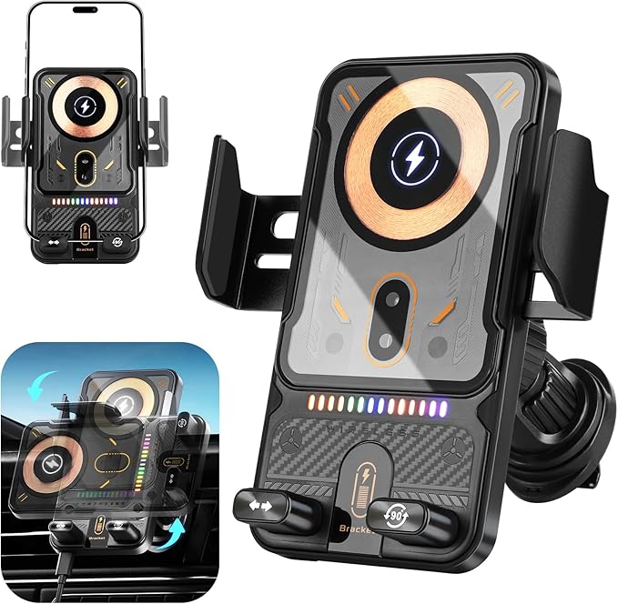 Car Phone Holder with 15W Wireless Car Charger, Car Vent Mount with Induction Opening and Closing, Air Vent Phone Stand with Horizontal and Vertical Screen Rotation Adjustment for iPhone - Blcak
