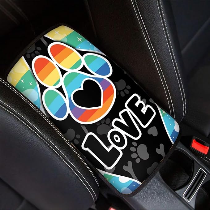 UNICEU Universal Fit Dog Paw Car Armrest Cover Colorful Stripes Love Dog Paws Auto Center Console Armrest Pad Anti Slip Armrest Seat Box Cover Protector Comfortable Car Interior Decor Accessories