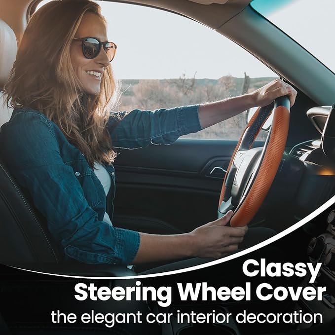 GSPSCN Universal Car Carbon Fiber Steering Wheel Cover Anti-Skid,Butterfly Steering Wheel Cover,Non-Slip Segmented Steering Wheel Protector,Fit for 99% Cars,Car Interior Accessories (Brown)