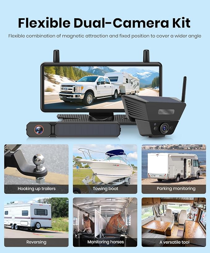 AUTO-VOX 2 Solar Wireless Backup Camera System: 7.2” 1080P HD Monitor, 3-Min Quick Installation for Wider Rear & Trailer View, IP69K Waterproof Back Up Camera for Truck, RV, Camper, Horse/Boat Trailer