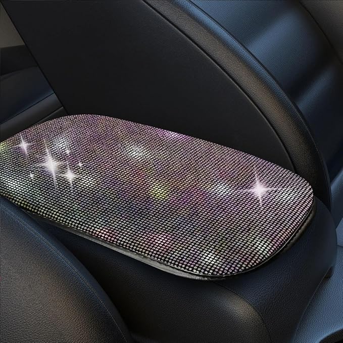 11.9''×8.4'' Bling Car Center Console Cover, Crystal Diamond Arm Rest Cover for Car, Soft Elbow Pillow Automotive Armrest Seat Box Cover, Arm Rest Protective Cushion Pad for Women (Colorful)