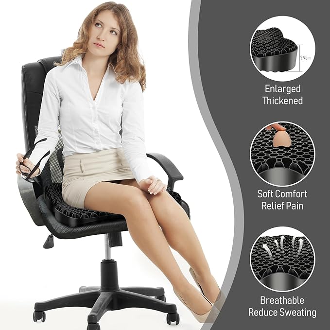 Cooling Gel Seat Cushion, Thickened Big Breathable Honeycomb Design Absorbs Pressure Points Gel Cushion with Anti-Slip Cover Cooling Seat Cushion for Office Chair Home Car Seat Cushion for Wheelchair