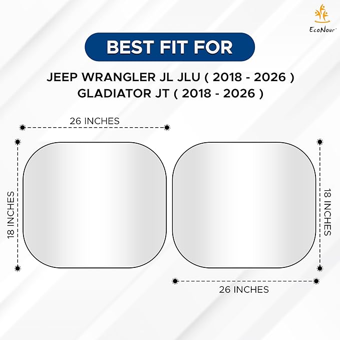 EcoNour 2-Piece Windshield Sun Shade for Jeep, Foldable Jeep Wrangler Sun Shade, Jeep Gladiator Sun Shade, Fits Jeep Wrangler JL JLU 2018-2025, Jeep Gladiator 2020-2025, Keeps Car Interior Cooler