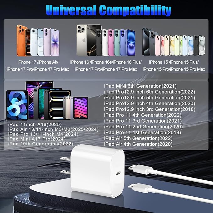 iPhone 17 16 15 Fast Charger, 2-Pack 20W USB C Wall Charger Plug with 6FT Type C High-Speed Fast Charging Cable for Apple iPhone 17 Pro Max/Pro/Air,iPhone 16/15 Pro Max/Pro/Plus/iPad Pro/Mini/AirPods