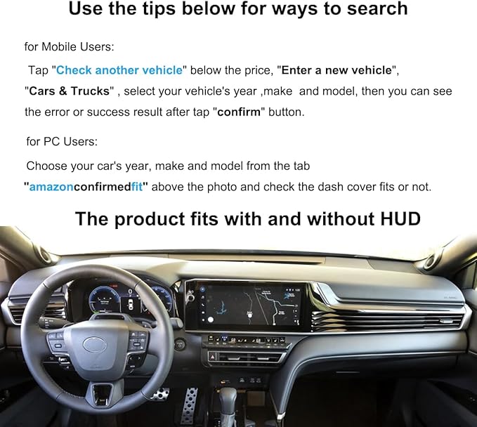 Dashboard Cover Dash Cover Mat Pad Custom Fit for Toyota Camry 2025 2026 w/Head Up Display (Black) J390