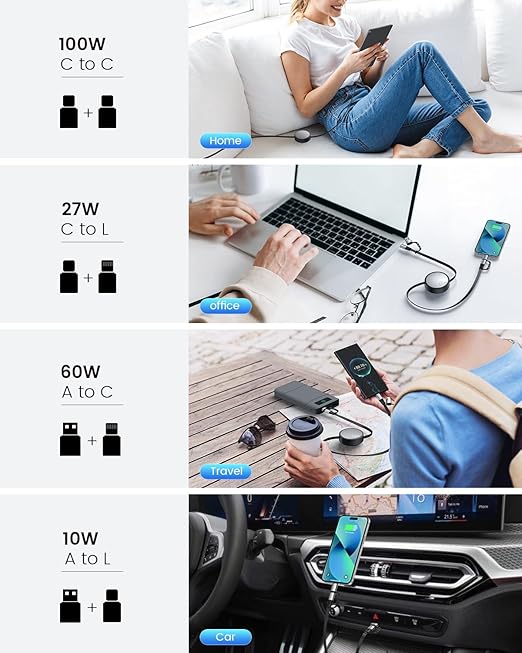 CAFELE 4-in-1 100W Retractable USB C Charging Cable with USB C/A to L/Type C 5A Fast Charging, Multi Charger Cord for Multiple Devices, Phone 17/16/15/14, Galaxy S24/S23, MBook, Pad (3.6ft)
