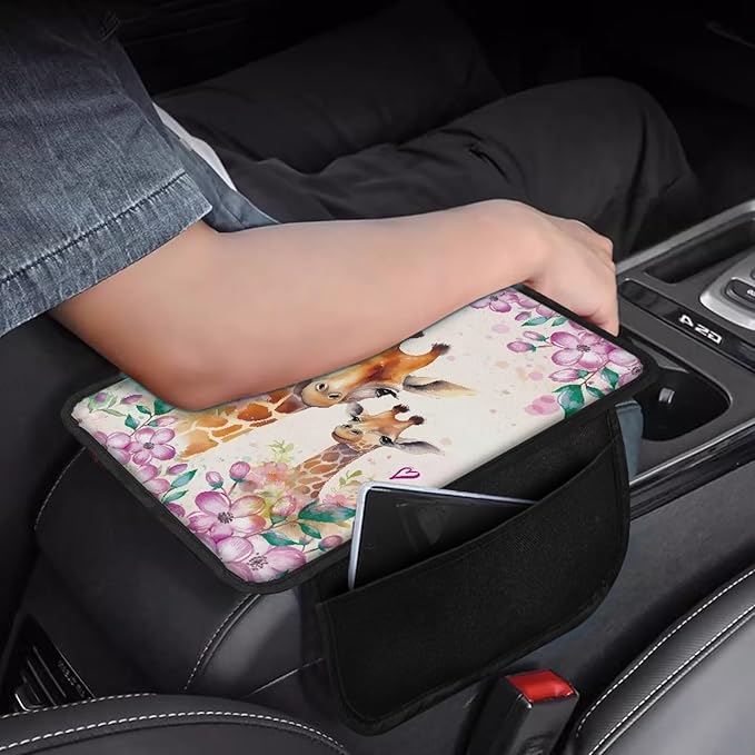 Giraffe Floral Print Car Armrest Cover Soft Auto Center Console Pad Lightweight Car Armrest Seat Box Cover Cushion Universal Fit for Most Cars Sedan Truck SUV