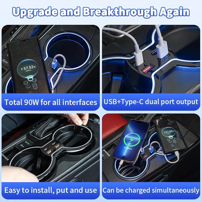 Car Hub Docking Station for Honda Civic 2022 2023 2024 2025 2026 11th gen USB Type-C Fast Charger Hub (4-in-1) Auto Interior Centre Console LED Ambient Light Accessories Decoration Phone Adapter