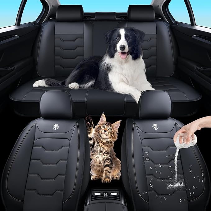 Universal Car Seat Covers, Black, Waterproof Synthetic Leather, Full Set, Non-Slip, Contoured Fit, Fits Most Vehicles, Upgraded Protection for Car Interiors, Airbag Compatible