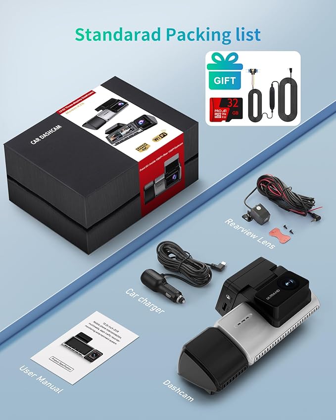 Dash Cam Front and Rear, 4K/2.5k Full HD 3 Channel Dash Camera for Car, Included 32G Card Dashcam, Built-in WiFi GPS, App Control, 3.18’ IPS Screen, Night Vision, Wide Angle, WDR, 24H Parking Mode