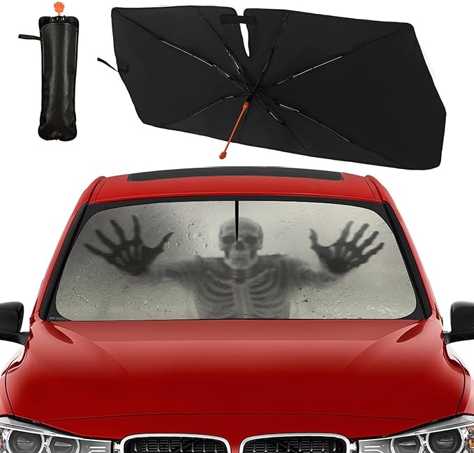 Socira Ghost Skull Car Windshield Sunshade Umbrella Foldable Horror Umbrella Funny Sun Shade Windshield Cover Creepy Skeleton Sunshade Skull Car Accessories Keeps Cool (57" X 30")