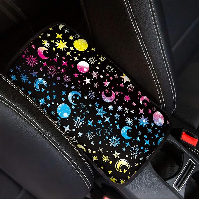 Coldinair Colorful Moon Stars Print Car Center Console Pad,Auto Interior Accessories Decoration,Auto Armrest Cover Protector for Most Vehicle, SUV, Truck, Car