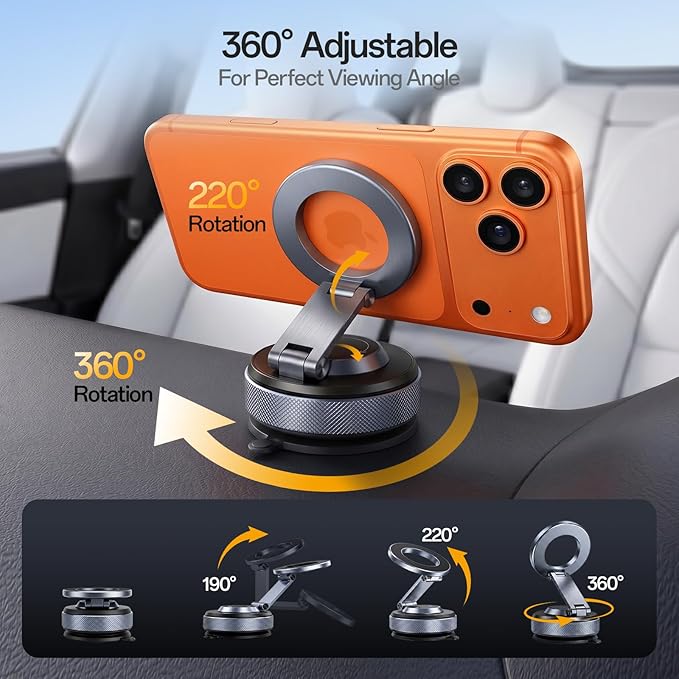 Car Phone Holder, iPhone 17 Pro Max Car Mount [All Metal] Premium Aluminum Car iPhone Holder [80 LBS Suction & 3600gf Magnetic] 360° Adjustable Car Phone Holders for iPhone 17-12