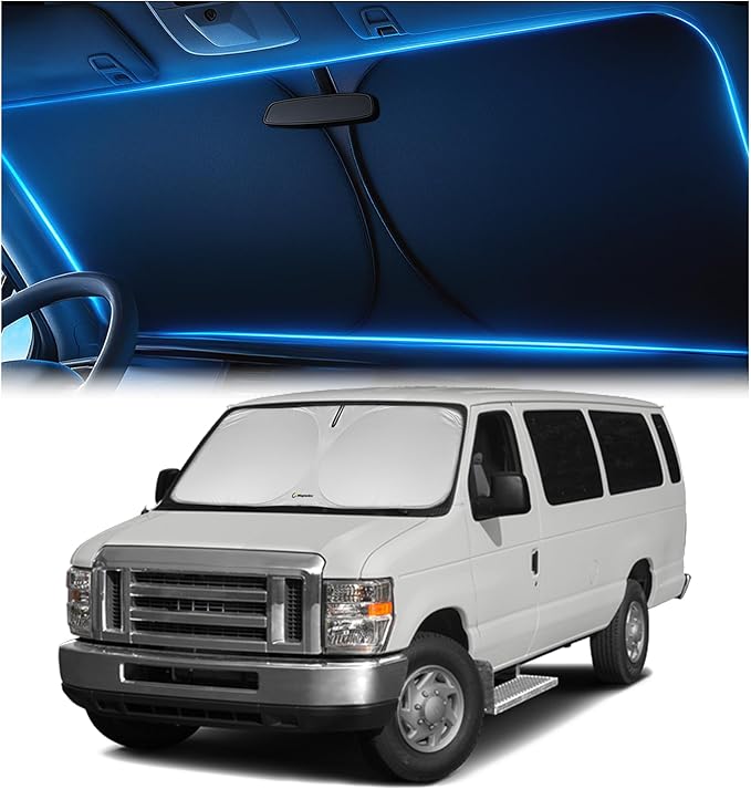 Windshield Sunshade for Ford Econoline E-Series Van & Motorhome E-150 E-250 E-350 E-450 1992-2026 – Upgraded Double-Layer Design, Mirror Cut-Out, Blocks 99% UV Rays, Ford E-Series Windshield Sun Shade