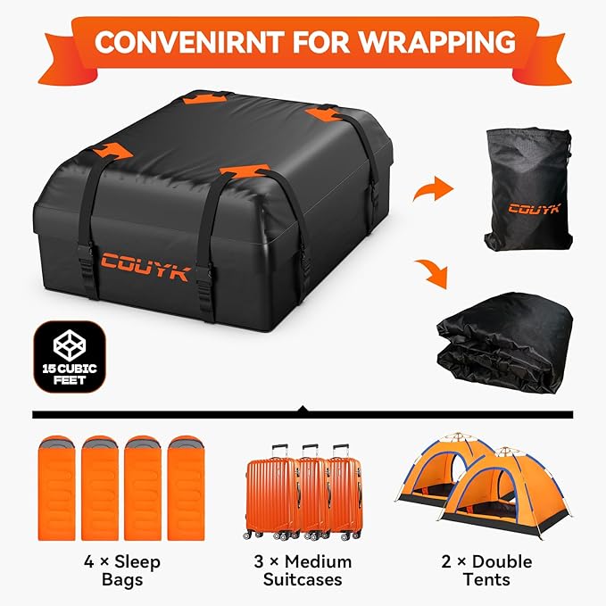 Car Roof Bag Rooftop Cargo Carrier Bag Waterproof 15 Cubic feet,Roof Rack for car Includes Anti-Slip Mat, 4 Door Hooks, Waterproof Zipper Buckle for All Cars with/Without Rack