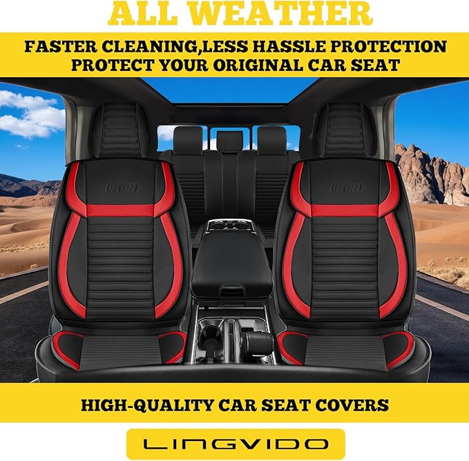 LINGVIDO Full Set Car Seat Covers, Faux Nappa Leather, Airbag Compatible and Waterproof Protectors for Sedans SUVs, Breathable Interior for Active Families, Pets, and Commuters (5 Seats, Black/Red)