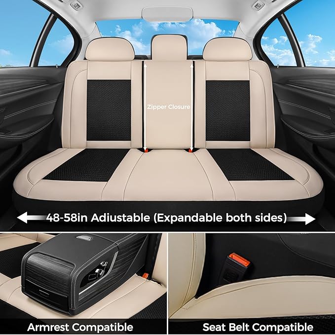 FLORICH Car Seat Covers Full Set, Universal Seat Cover 5 Seats, Automotive Seat Covers with Mesh Leather, Waterproof Car Seat Protector, Breathable Car Seat Cushion for Most Car SUV Truck, Beige