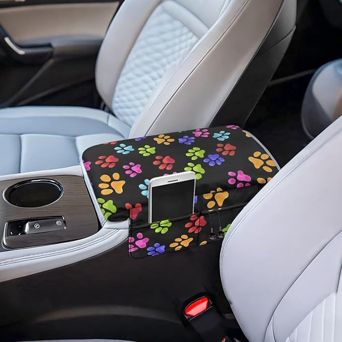 Dreaweet Dog Paw Center Console Armrest Pad Cover Cute Car Accessories for Women Comfy Anti-Scratch Middle Console Covers with Pockets Universal Car Armrest Storage Box Mat for SUV Trucks Sedan Van
