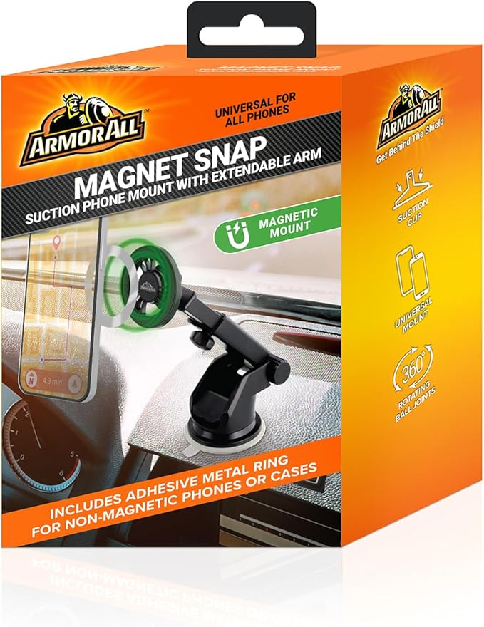 Armor All Magnetic Phone Mount for Car, Dashboard & Windshield Phone Holder with Industrial Suction Cup for MagSafe Phones, iPhones, Includes Magnet Ring for Samsung, Non-Magnetic Phones, & Cases