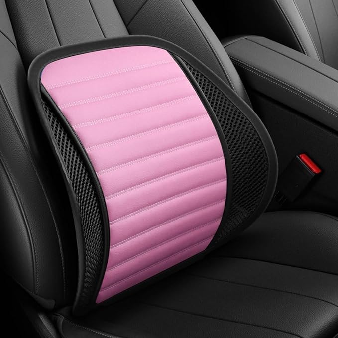 Leather Lumbar Support Seat Cushion with Mesh Breathable Car Seat for Lower Back Pain, Ergonomic Backrest for Office Chairs Car(Pink)