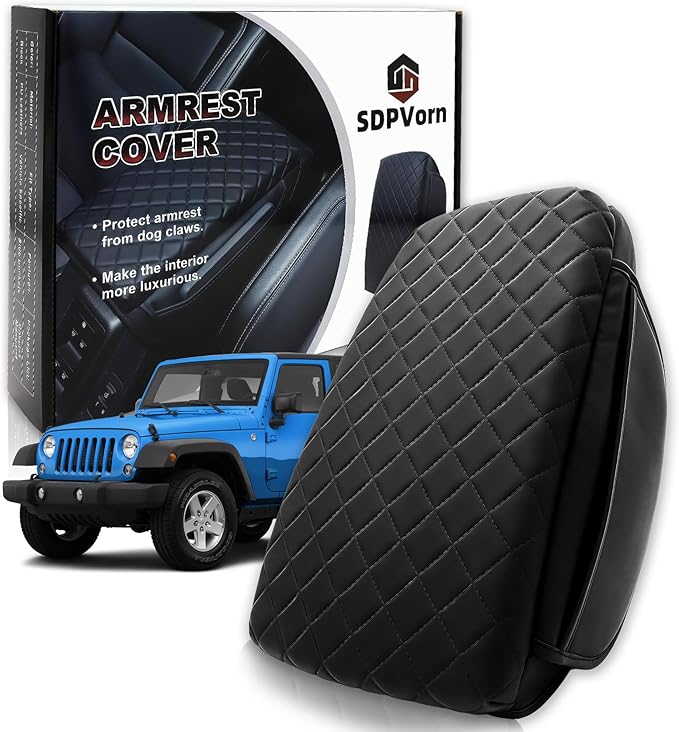 Armrest Cover for Jeep Wrangler JK Center Console Pad with Organizer Storage Pockets, Black Faux Leather Arm Rest Lid Cushion Accessories (2011-2017 Wrangler JK)
