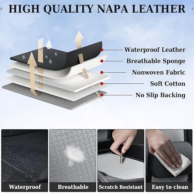 Coverado Car Seat Covers Full Set, Black Gray Seat Covers for Cars, Waterproof Nappa Leather Automotive Seat Covers with Lumbar Head Pillow, Car Seat Protectors, Universal Fit for Most Cars SUV