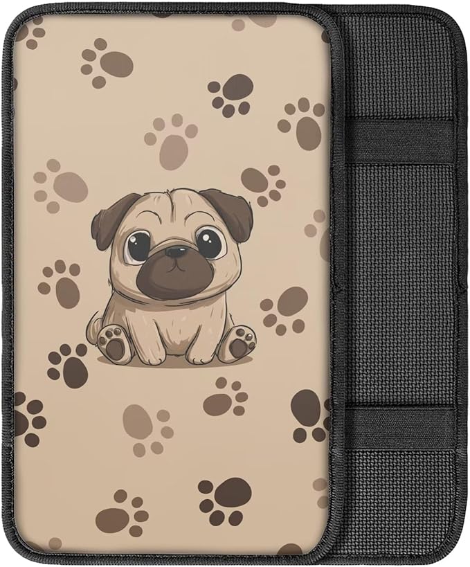 Cute Pug Car Center Console Cushion Pad for Women Dog Print Automotive Armrest Seat Box Cover Universal Fit Most Vehicles Sedan Van Truck SUVs