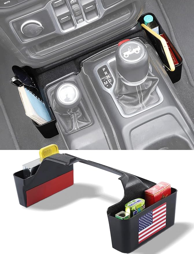 Savadicar GT-2 Shifter Storage Box, American Flag Gear Shift Tray, Center Console Organizer for 2018-2025 Jeep Wrangler JL JLU 4XE & Gladiator JT, Interior Accessories, Black,1 PC