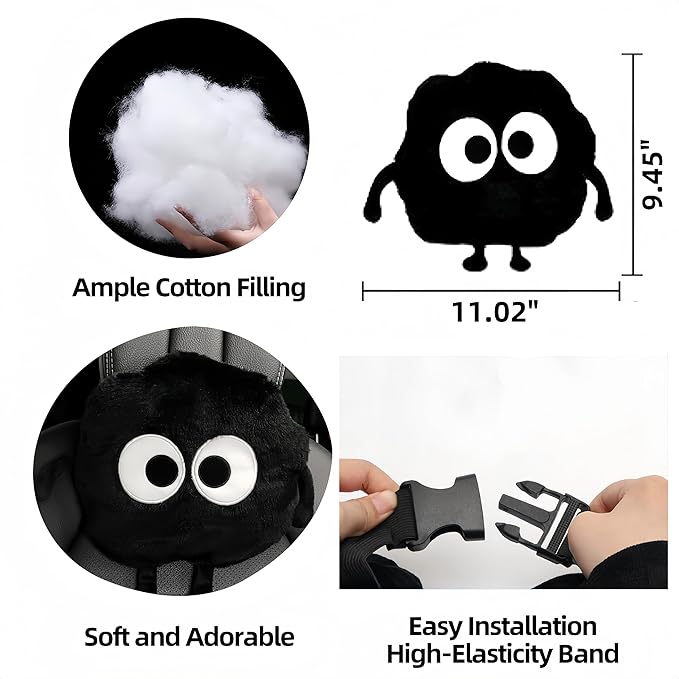 Car Headrest Pillow & Steering Wheel Cover Set with Cute Big-Eyed Furball Travel Neck Support Pillow Fur Car Interior Accessory (Black 5Pcs Set)