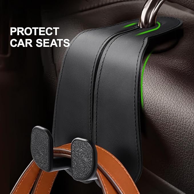 CoBak Extra Wide Car Seat Back Hooks, Premium Stitched Leather Headrest Hangers with Wide Slot Structure, Universal for Any-Width Purses, Handbags, Bags (2 Pack), Black