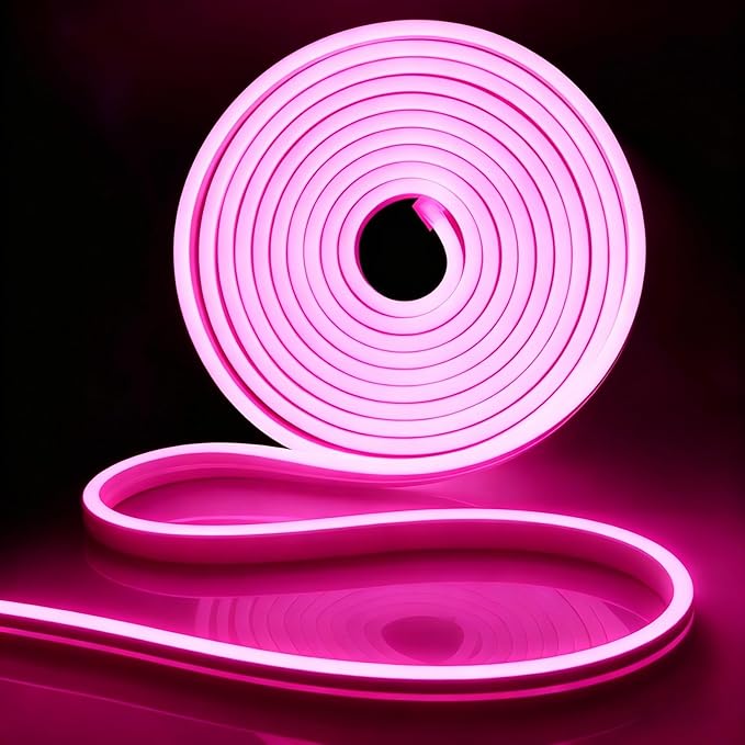 iNextStation 16.4FT/5M Pink LED Strip Lights, DC12V Silicone Neon Light Strip, IP65 Waterproof Led Rope Lights 0.98In Cuttable for DIY, LED Light Strip for Bedroom, Indoor, Outdoor(No Adapter)