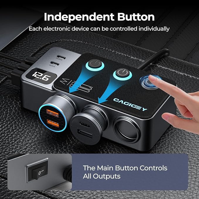 120W 8 in 1 Cigarette Lighter Splitter,Cagigey Car Super Fast Charger Adapter with Type-C QC3.0 PD35W Charging,Multi Port Plug Outlet,Independent Switches, LED Display,3.3FT Cable