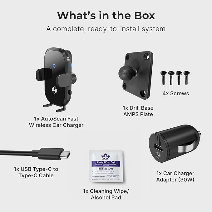 Wireless Magsafe Car Mount Charger - Magnetic Cell Phone Holder with AMPS Plate Mount - Auto Scan & Auto Grip Car Phone Stand - Compatible with Samsung, iPhone, Smartphone- Fast Charger