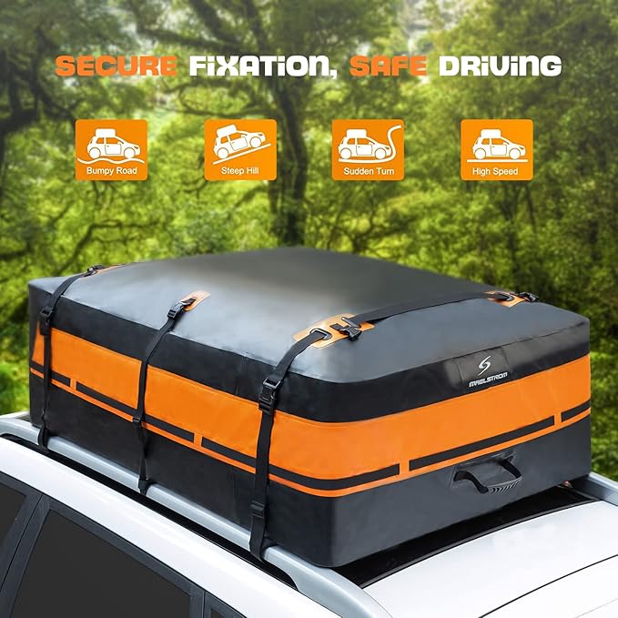 Maelstrom Rooftop Cargo Carrier,Car Roof Bag,21 Cubic Feet Waterproof Roof Rack Cargo Carrier,Tear Resistant Vehicle Cargo Carrier,Black with Orange